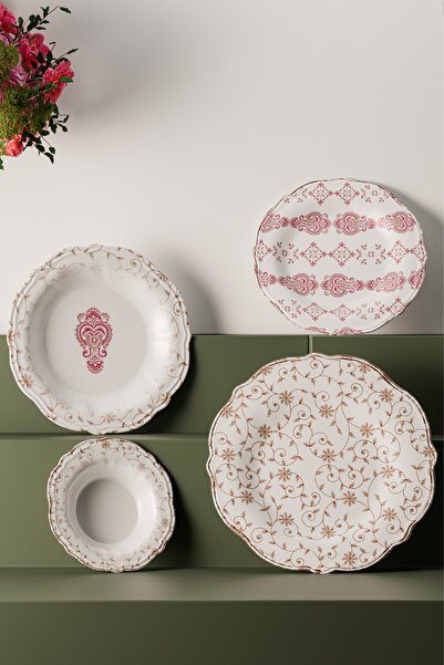 DS Home&Design Fulya Özel Seri 24 Parça Eskitme Yemek Takımı 6 Kişilik Porselen