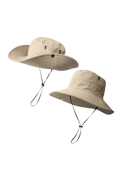 OEM Unisex 2-in-1 wide brim hat, Foldable, UV protection, for camping, hiking, fishing, Beige