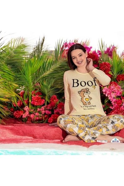 Yağmur Giyim Mlale Yellow Teddy Bear Patterned Suprem Fabric Long Sleeve Pajamas Set 1531-S