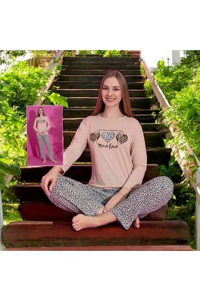 Yağmur Giyim Mlale Leopard Heart Pattern Suprem Fabric Long Sleeve Pajamas Set 1498-L