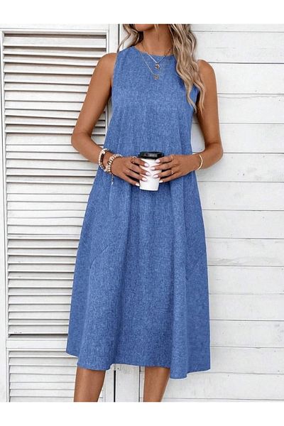 Butik Women's Sleeveless Crew Neck Midi Linen Dress with Pockets
