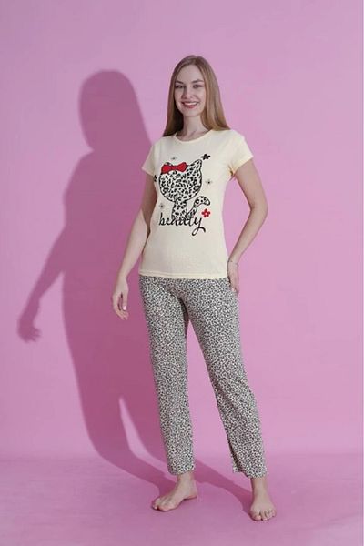 Yağmur Giyim Mlale Kitten Pattern Suprem Fabric Short Sleeve Pajamas Set 3443-S