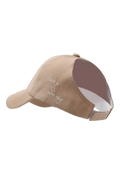 OEM Women's baseball cap - heart embroidery, Have a Nice Day message, ponytail, Khaki