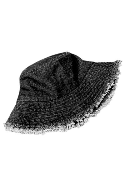 OEM Unisex Denim Bucket Hat, Wide Brim with Raw Hem, Retro Casual - Black