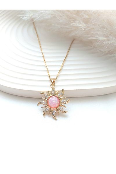 Alexis Carrel Vintage Pink Opal Stone Detailed Sun Necklace with Zircon Stone, Stainless Steel Necklace