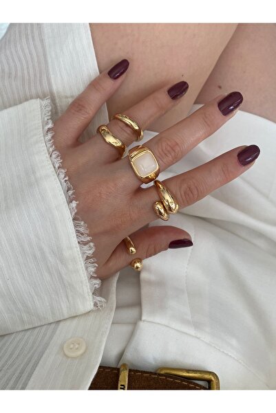 Pinery Jewels İri Renkli Taşlı Altın Kaplama Çoklu Yüzük Seti