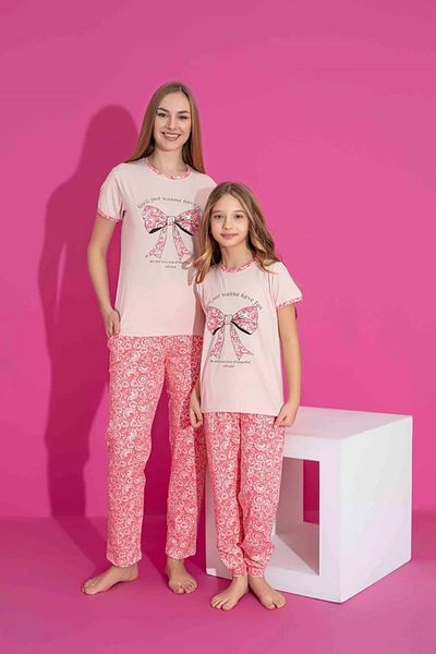Yağmur Giyim Tarp Pink Bow Printed Mother Pajamas Set 2974-P