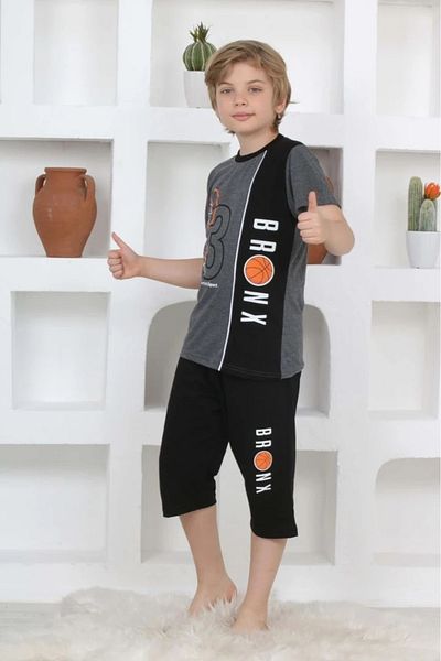 Yağmur Giyim Kapip Smoked Basketball Printed Short Sleeve Capri Boys Pajamas Set 11-15 Years 5104-F