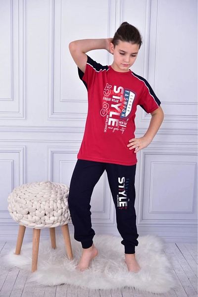 Yağmur Giyim Kapi̇p Burgundy Steyle Printed Short Sleeve Boy Pajama Set 11-15 Years 5056-B
