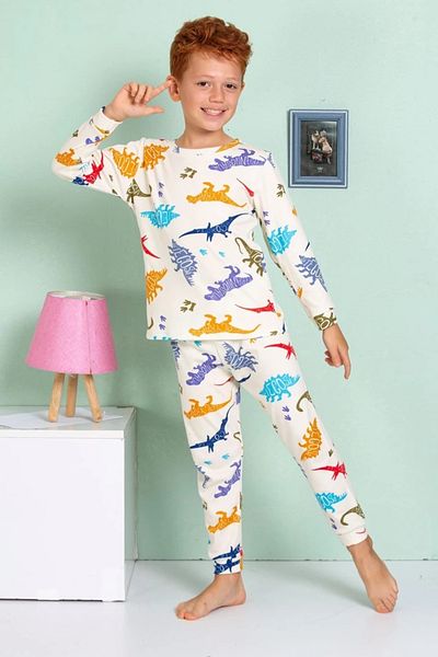 Yağmur Giyim Elmp Cream Dinosaur Pattern 100% Cotton Boy's Pajamas Set 1-13 Years 3062