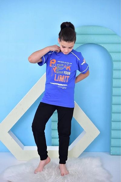 Yağmur Giyim Kapi̇p Blue Break Limite Printed Short Sleeve Boy's Pajamas Set 11-15 Years 5054-m
