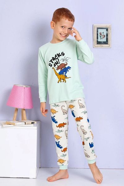 Yağmur Giyim Elmp Green Dinosaur Pattern 100% Cotton Boys Pajamas Set 1-9 Years 3071