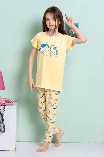Yağmur Giyim Elmkp Yellow Unicorn Pattern Girl's Pajamas Set 3-10 Years 4103