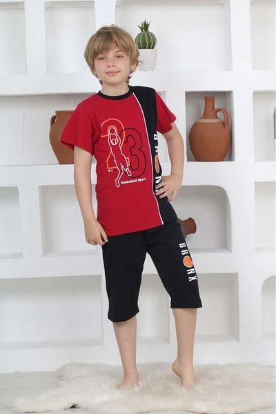 Yağmur Giyim Kapi̇p Burgundy Basketball Printed Short Sleeve Capri Boys Pajamas Set 11-15 Years 5104-B