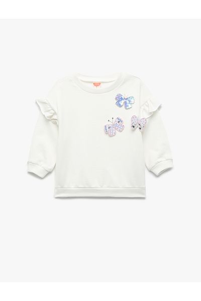 Koton Raised Long Sleeve Crew Neck Butterfly Detailed Ruffle Sweatshirt