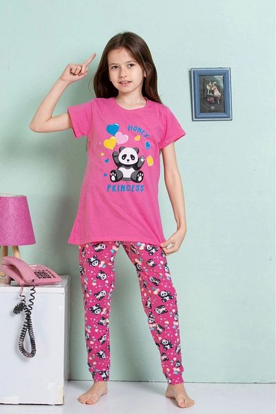 Yağmur Giyim Elmkp Fuchsia Teddy Bear Pattern Girl's Pajamas Set 3-10 Years 4102