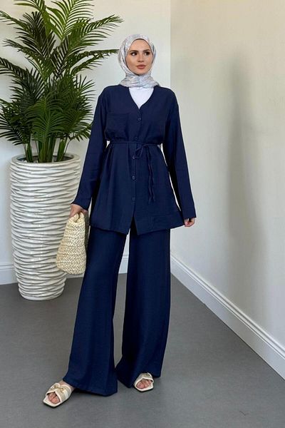 MERVEN AKYÜZ Sudy Lace-Up Button Suit Navy Blue
