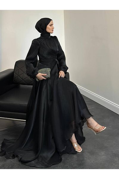 Modamorfo Μακρύ φόρεμα Janjan Chiffon με μανίκια με κορδόνια - Μαύρο