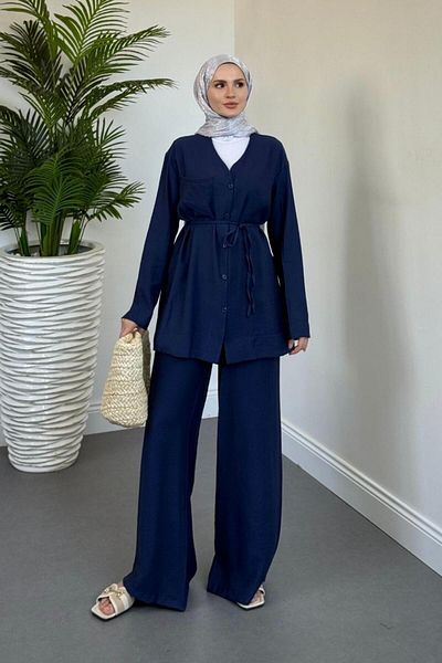 MERVEN AKYÜZ Sudy Lace-Up Button Suit Navy Blue