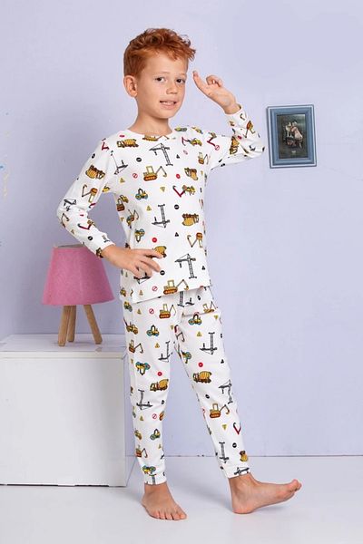 Yağmur Giyim Elmp Ecru Work Machine Patterned 100% Cotton Boys Pajamas Set 9-13 Years 3058/913