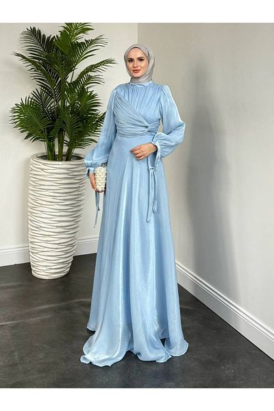 Modamorfo Μακρύ φόρεμα Janjan Chiffon με μανίκια με κορδόνια - Baby Blue