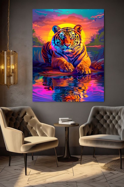 özkacar TABLIE PE PÂNZĂ CU TIGRU RECLINAT PE RĂCĂTĂ, DECOR DE PERETE PENTRU C...