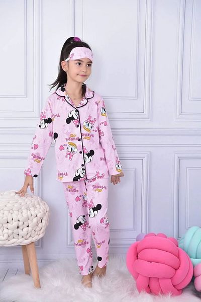 Yağmur Giyim Pjkö Minnie Mause Patterned Pink Long Sleeve Front Button Girls Pajamas Set 4-12 Years 722U