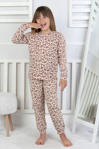 Yağmur Giyim Isob Pink Leopard Patterned 100% Cotton Girls Pajamas Set 8-13 Years 51408-P