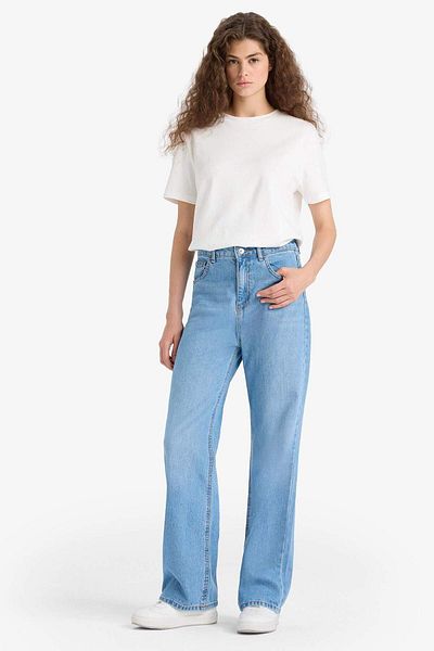 DeFacto Παντελόνι 90s Wide Leg Υψηλός Μέσος Όρος Μακρύ Τζιν Ξεθωριένο E9106AX25AU