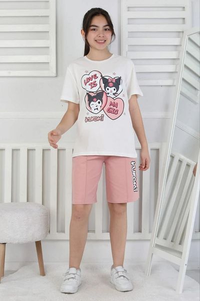 Yağmur Giyim Isob Ecru Salmon Kuromi Patterned 100% Cotton Girls Short Sleeve 2 Thread Shorts Set 8-13 Years 33104-S