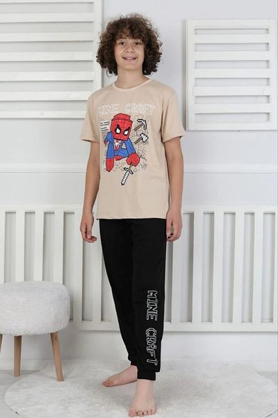 Yağmur Giyim Isob Bej Minec Patterned 100% Cotton Short Sleeve Boys Pajamas Set 8-13 Years 41514-B