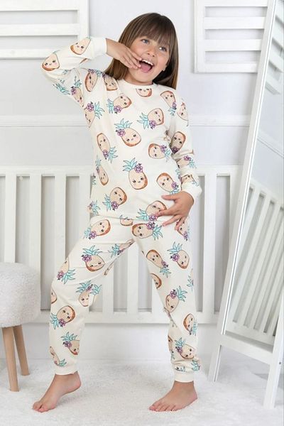 Yağmur Giyim Isob Ecru Pineapple Patterned 100% Cotton Girls Pajama Set 3-13 Years 51204-51405-E