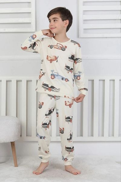 Yağmur Giyim Isob Beige Airplane Patterned 100% Cotton Boys Pajamas Set 3-8 Years 51303-B