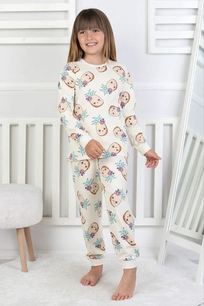 Yağmur Giyim Isob Ecru Pineapple Patterned 100% Cotton Girls Pajama Set 3-13 Years 51204-51405-E