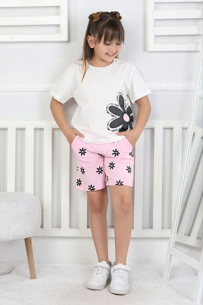 Yağmur Giyim Isob Ecru Pink Daisy Patterned 100% Cotton Girls Short Sleeve 2 Thread Shorts Set 3-8 Years 33106-P