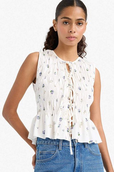DeFacto Fitted Crew Neck Floral Print Tie Front Poplin Tank Top F7577Ax25Au
