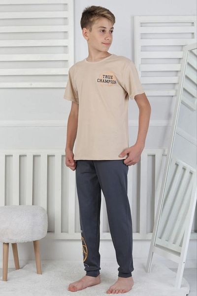 Yağmur Giyim Isob Beige Basketball Ball Pattern 100% Cotton Short Sleeve Boys Pajamas Set 8-13 Years 41516-Be