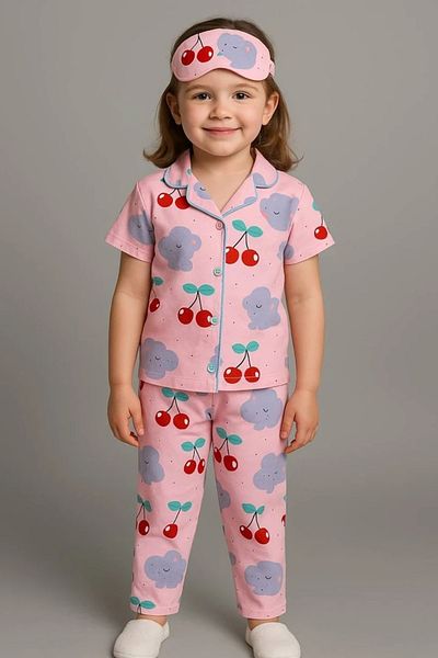 Yağmur Giyim Cherry Patterned Pink Short Sleeve Front Button Girls Pajamas Set 4-12 Years 577K