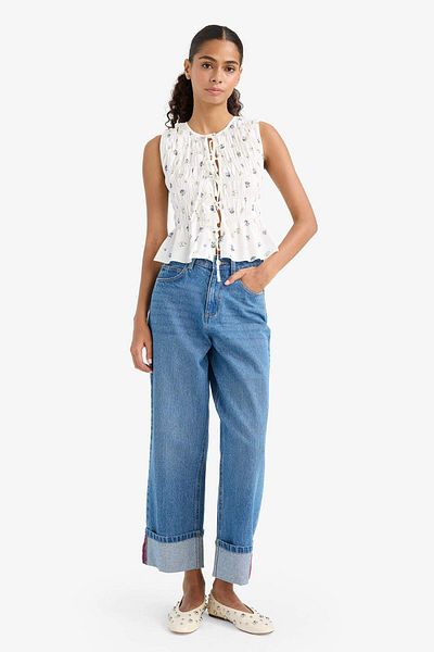 DeFacto Fitted Crew Neck Floral Print Tie Front Poplin Tank Top F7577Ax25Au