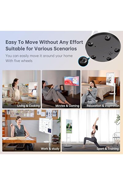 FlashHawk 21.5-Inch Portable TV with Adjustable Floor Touch Screen Smart TV,Build-in Camera,128G Storage,White