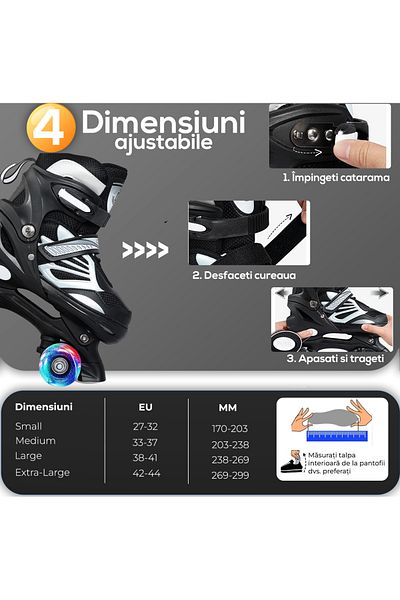 Elindor Adjustable roller skates for children and adults, silicone light wheels, S 27-32, Black/Grey