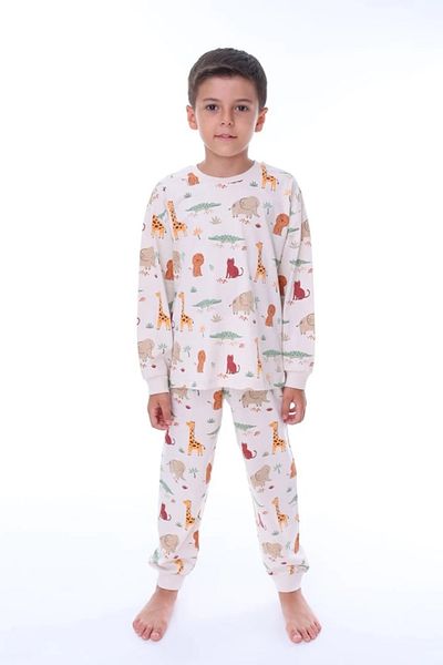 Yağmur Giyim Isob Ecru Animal World Patterned 100% Cotton Boys Pajama Set 3-8 Years 51308-E