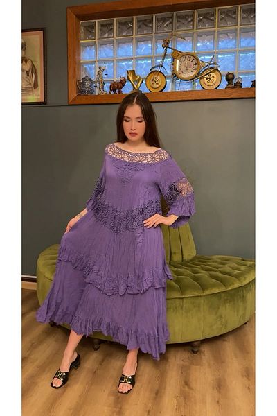 Hazinedan Bohemian Lace Detail Embroidered Purple Authentic Italian Evening Dress