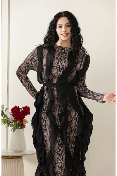 rawayie alyin Leopard evening dress with soft ruffle lines