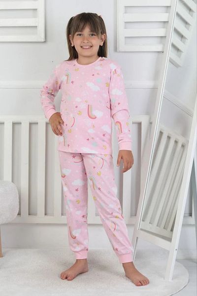 Yağmur Giyim Isob Pink Rainbow Patterned 100% Cotton Girls Pajamas Set 3-8 Years 51207-P