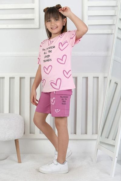 Yağmur Giyim İsob Pink Heart Patterned 100% Cotton Girls Short Sleeve 2İP Shorts Set 3-8 Years 33105-P