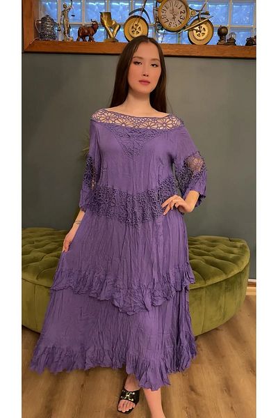 Hazinedan Bohemian Lace Detail Embroidered Purple Authentic Italian Evening Dress