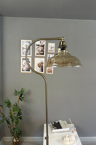 Bamyum Bal Rengi Cam Lambader C Gövde Modern Dekoratif Metal Oturma Odası Çalışma Odası Zemin Lambası