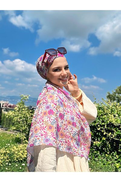 Modakaşmir Flora Pattern Bamboo Scarf - Blue - Salmon