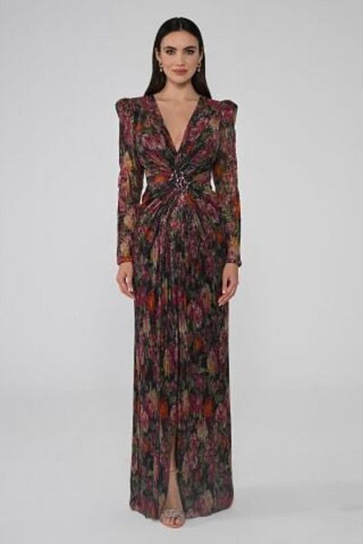 ALFABETA V-Neck Stone Buckle Padded Pleated Fabric Long Evening Dress Alfa Beta